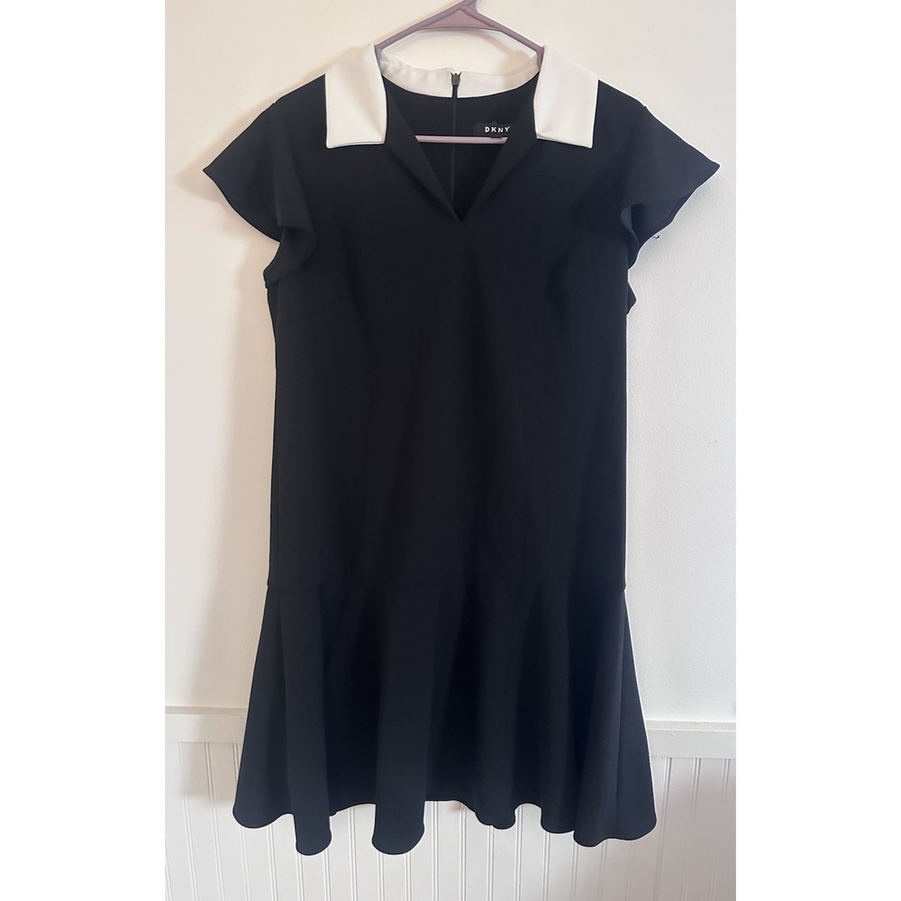 DKNY Dress Sz 12 Black White Collar Drop Waist Dress Mod Gothic Preppy Wednesday